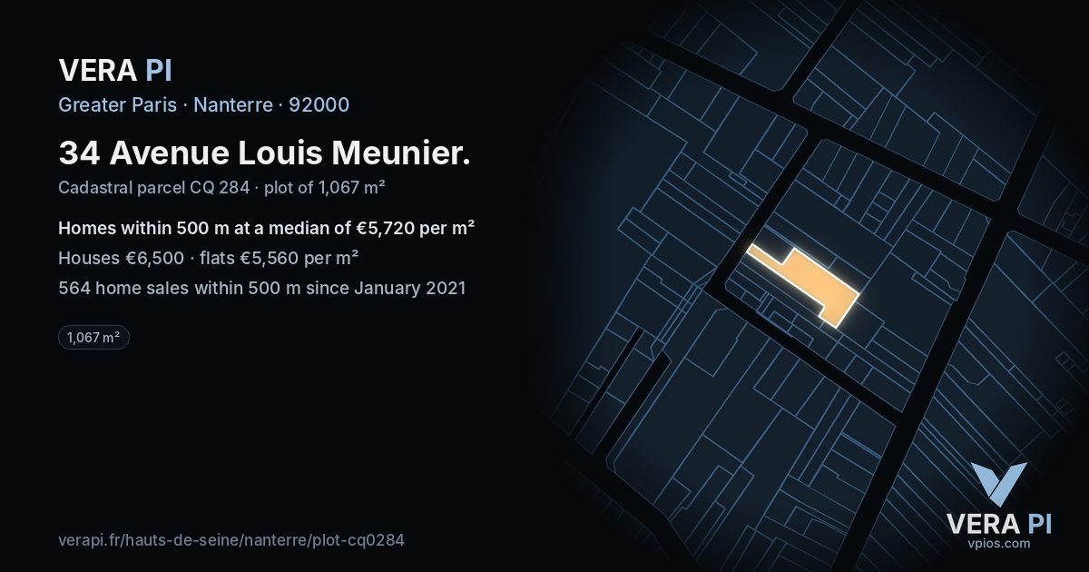 34 Avenue Louis Meunier, Nanterre at night – the plot lit, the parcels around coloured by the prices near them