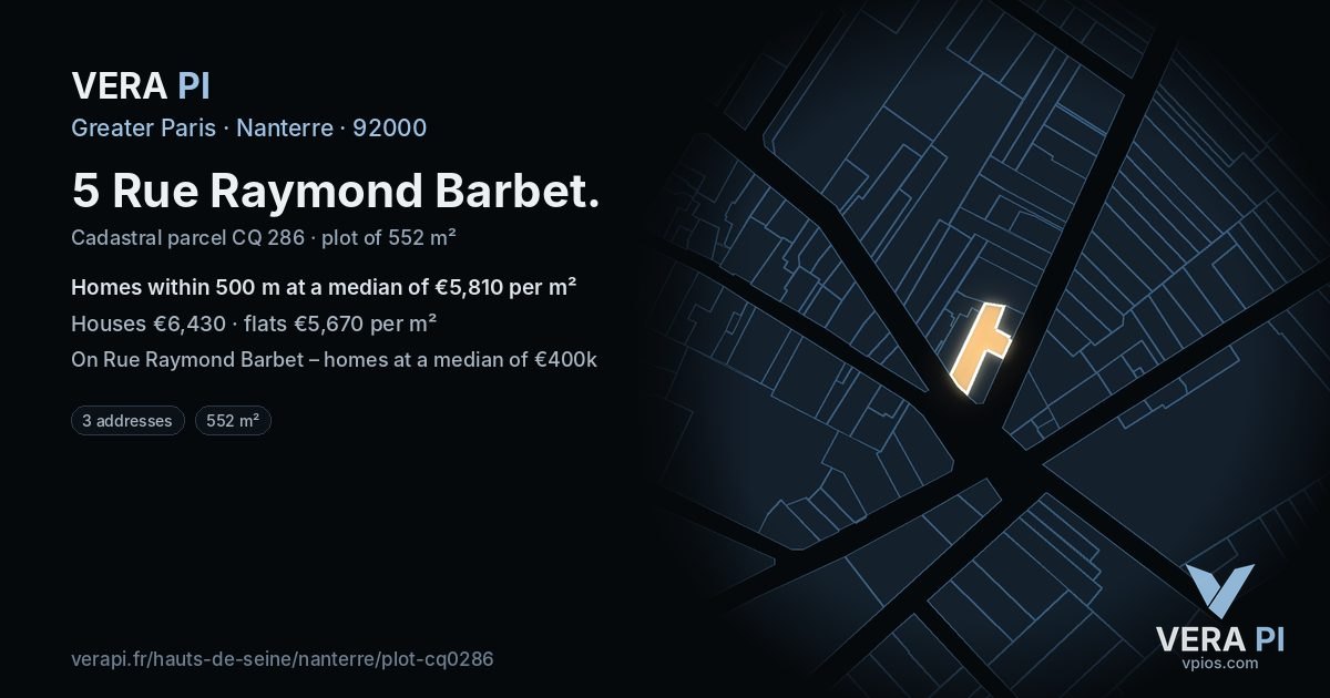 5 Rue Raymond Barbet, Nanterre at night – the plot lit, the parcels around coloured by the prices near them