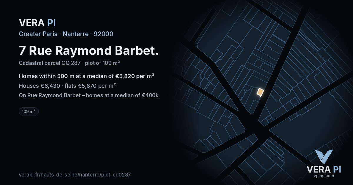 7 Rue Raymond Barbet, Nanterre at night – the plot lit, the parcels around coloured by the prices near them