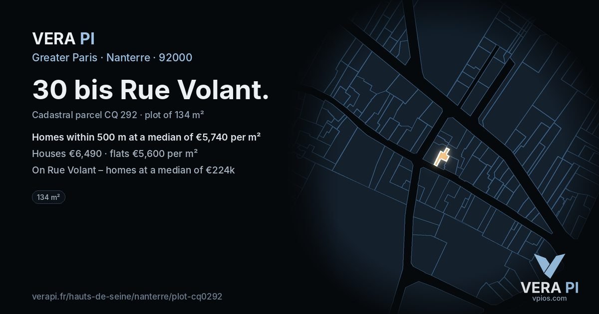 30 bis Rue Volant, Nanterre at night – the plot lit, the parcels around coloured by the prices near them