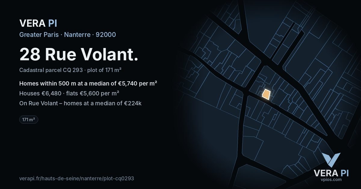 28 Rue Volant, Nanterre at night – the plot lit, the parcels around coloured by the prices near them