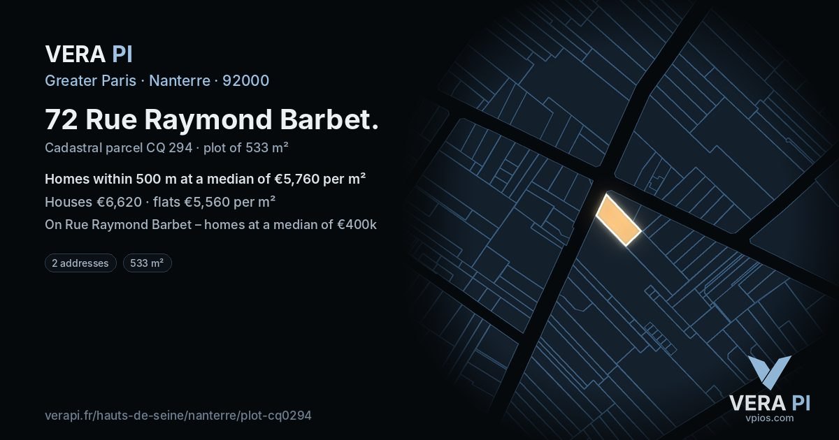 72 Rue Raymond Barbet, Nanterre at night – the plot lit, the parcels around coloured by the prices near them