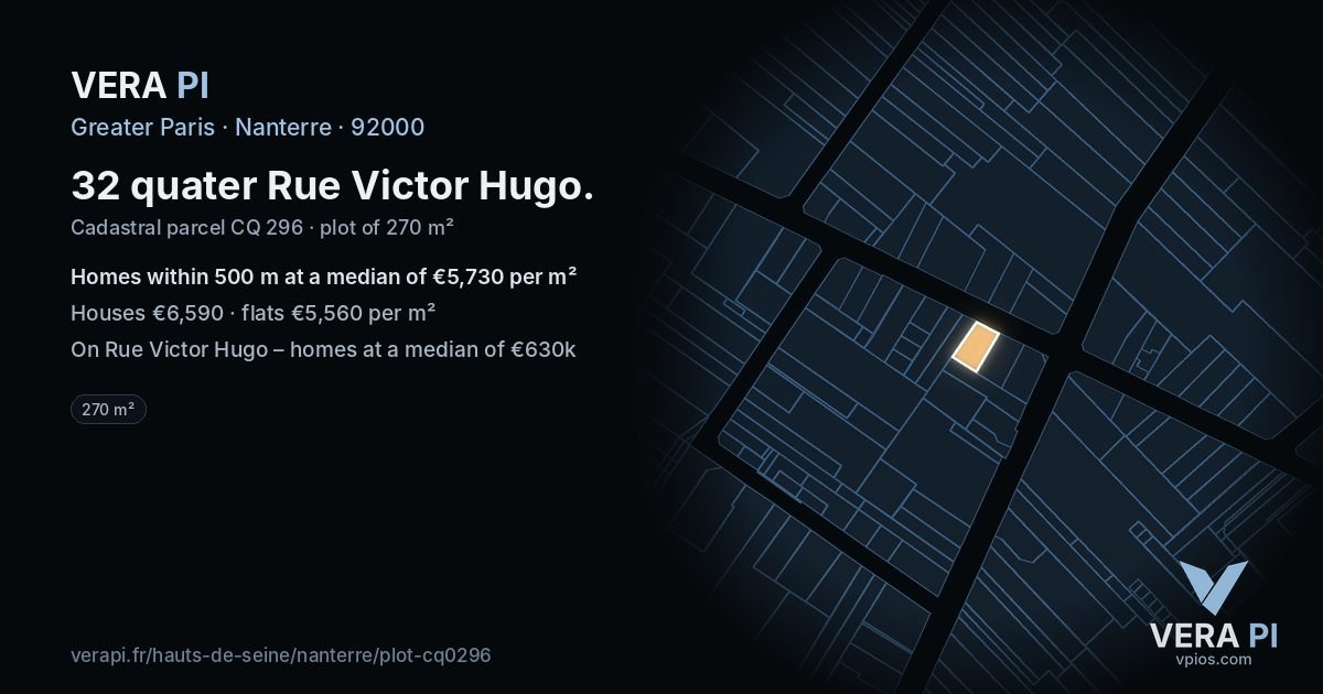 32 quater Rue Victor Hugo, Nanterre at night – the plot lit, the parcels around coloured by the prices near them