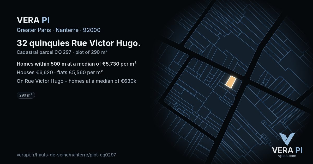 32 quinquies Rue Victor Hugo, Nanterre at night – the plot lit, the parcels around coloured by the prices near them