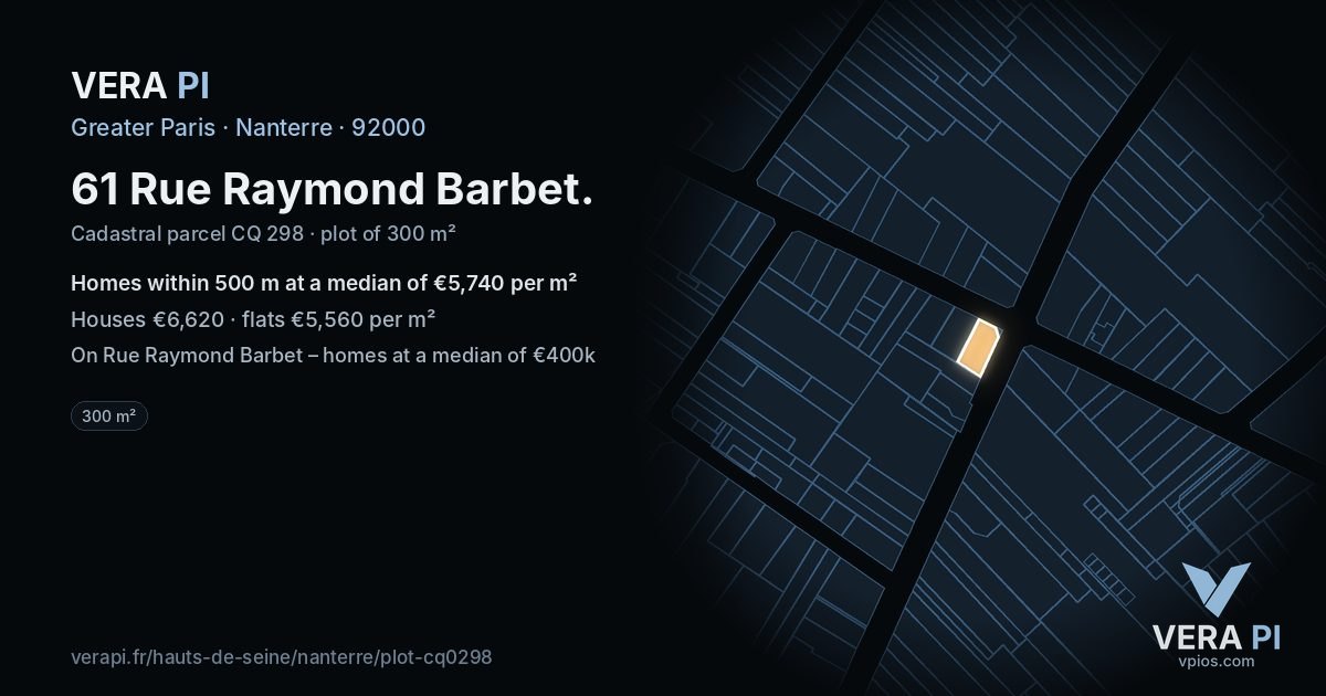 61 Rue Raymond Barbet, Nanterre at night – the plot lit, the parcels around coloured by the prices near them