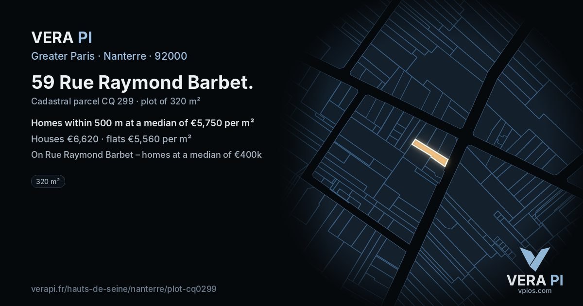 59 Rue Raymond Barbet, Nanterre at night – the plot lit, the parcels around coloured by the prices near them