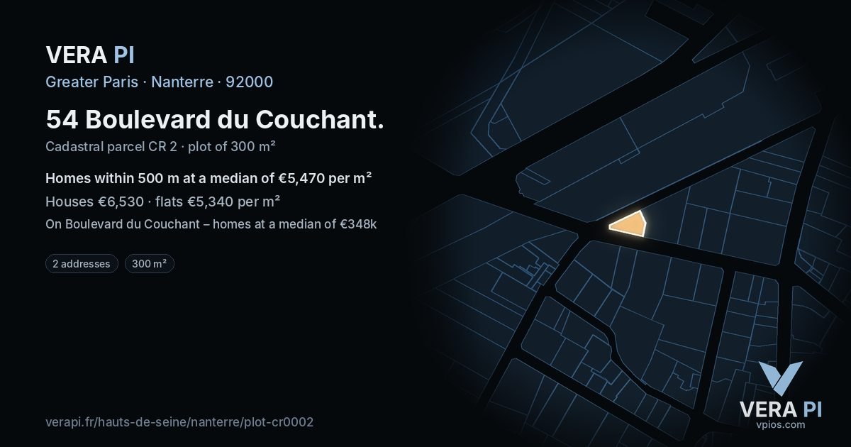 54 Boulevard du Couchant, Nanterre at night – the plot lit, the parcels around coloured by the prices near them