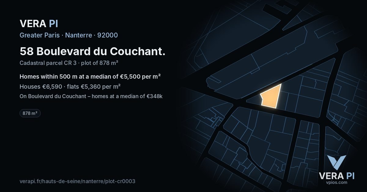 58 Boulevard du Couchant, Nanterre at night – the plot lit, the parcels around coloured by the prices near them