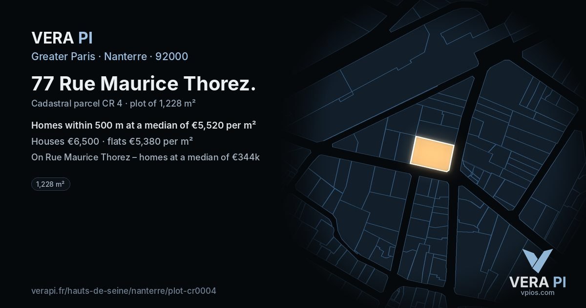 77 Rue Maurice Thorez, Nanterre at night – the plot lit, the parcels around coloured by the prices near them
