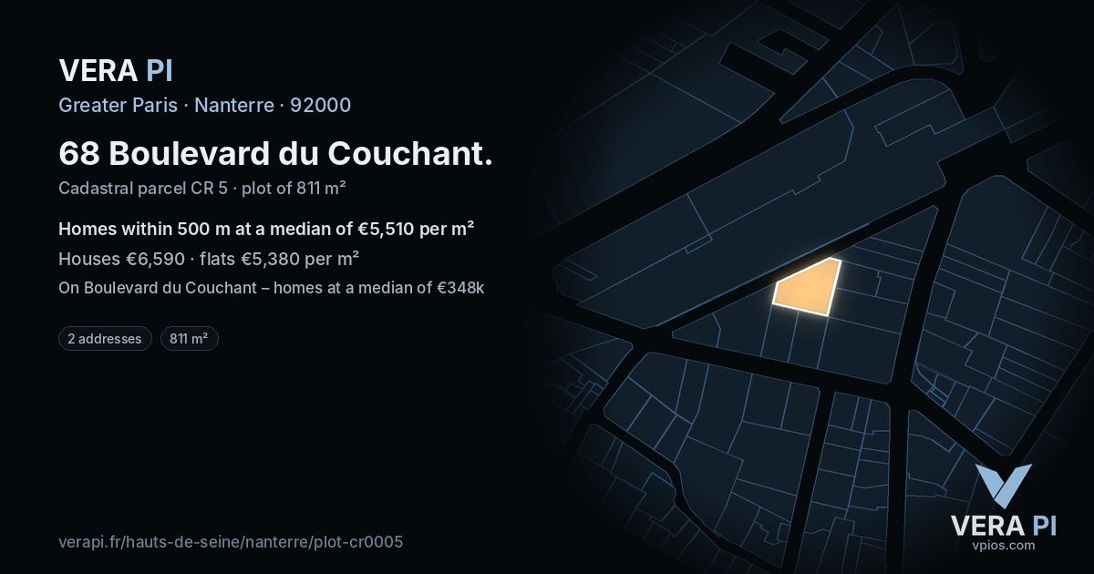 68 Boulevard du Couchant, Nanterre at night – the plot lit, the parcels around coloured by the prices near them