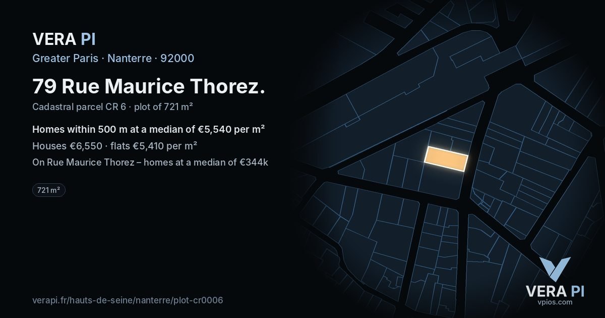 79 Rue Maurice Thorez, Nanterre at night – the plot lit, the parcels around coloured by the prices near them