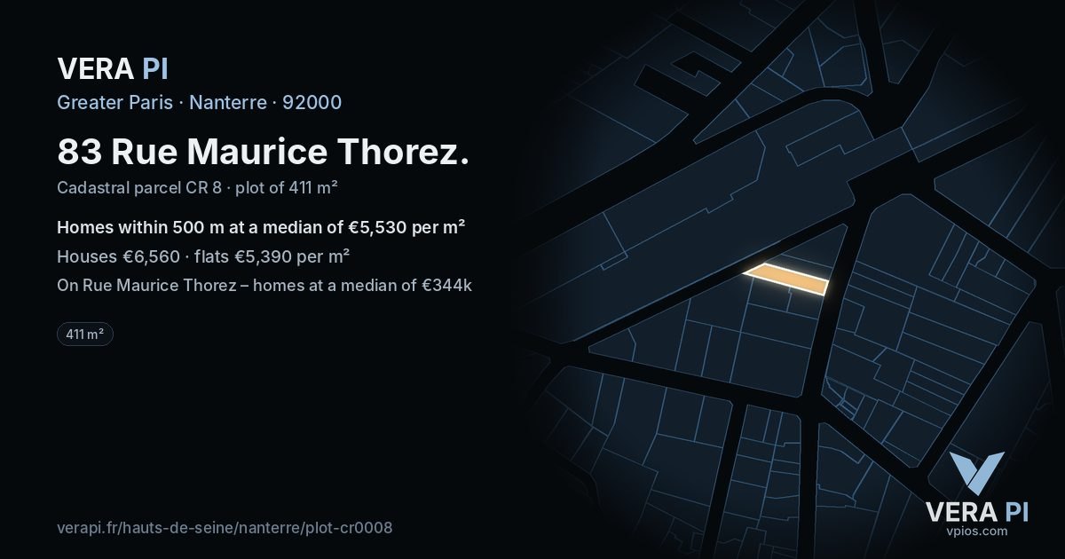 83 Rue Maurice Thorez, Nanterre at night – the plot lit, the parcels around coloured by the prices near them