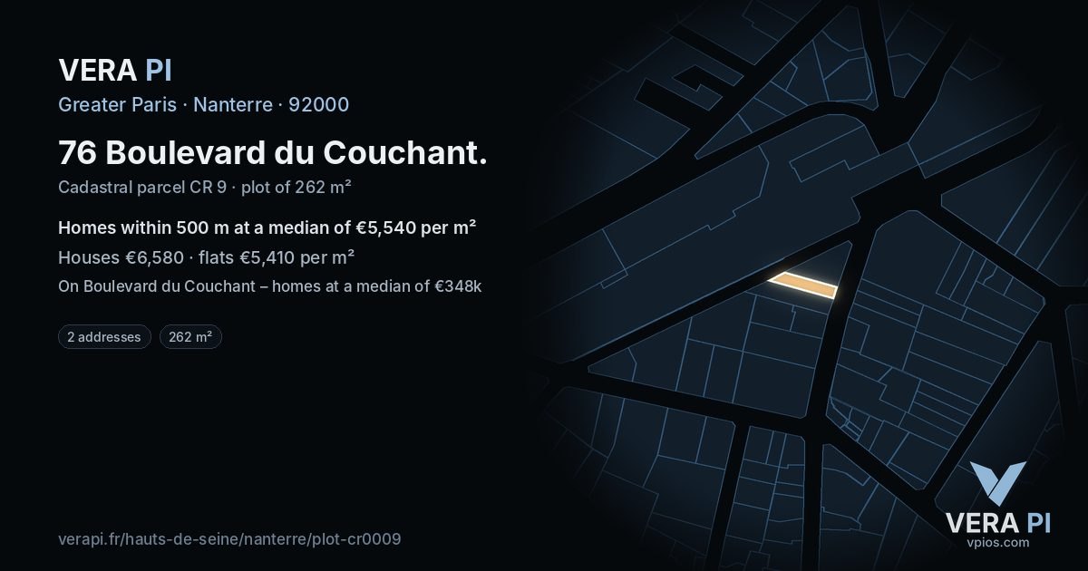 76 Boulevard du Couchant, Nanterre at night – the plot lit, the parcels around coloured by the prices near them
