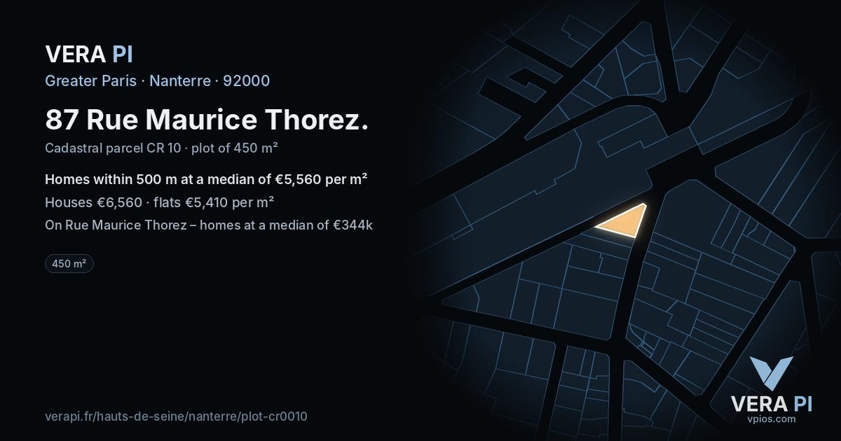 87 Rue Maurice Thorez, Nanterre at night – the plot lit, the parcels around coloured by the prices near them
