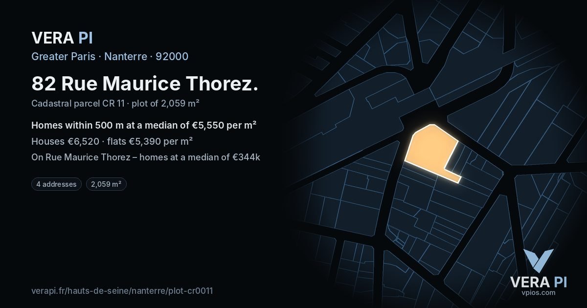 82 Rue Maurice Thorez, Nanterre at night – the plot lit, the parcels around coloured by the prices near them