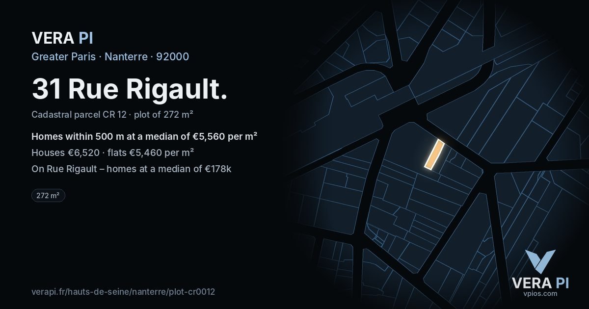 31 Rue Rigault, Nanterre at night – the plot lit, the parcels around coloured by the prices near them