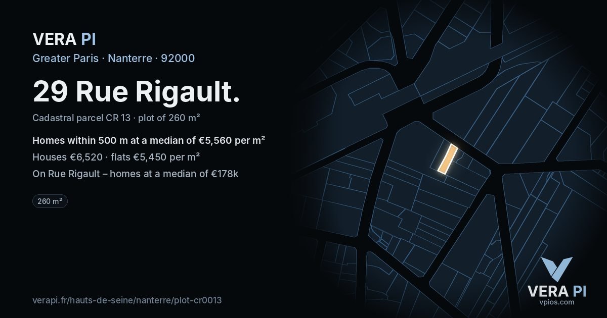 29 Rue Rigault, Nanterre at night – the plot lit, the parcels around coloured by the prices near them