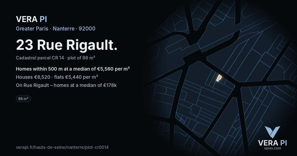23 Rue Rigault, Nanterre at night – the plot lit, the parcels around coloured by the prices near them