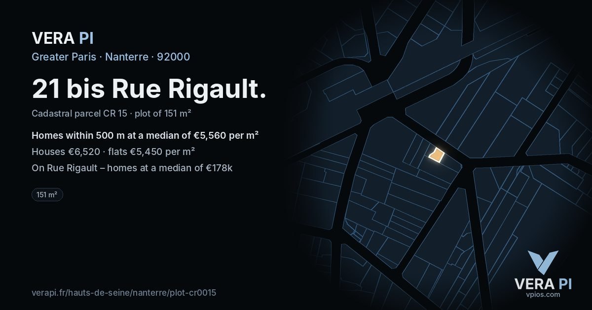 21 bis Rue Rigault, Nanterre at night – the plot lit, the parcels around coloured by the prices near them
