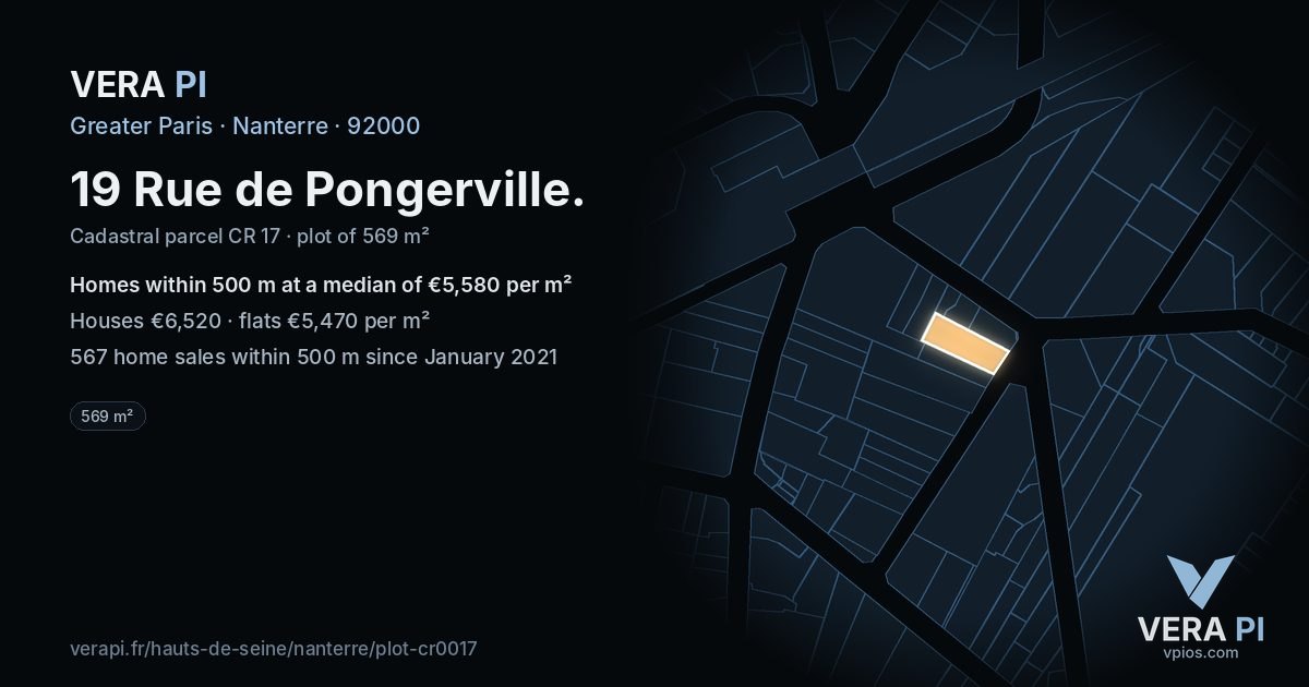 19 Rue de Pongerville, Nanterre at night – the plot lit, the parcels around coloured by the prices near them