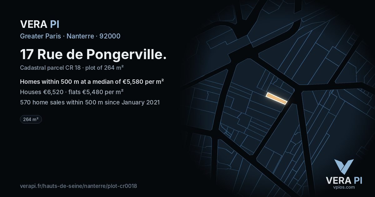 17 Rue de Pongerville, Nanterre at night – the plot lit, the parcels around coloured by the prices near them