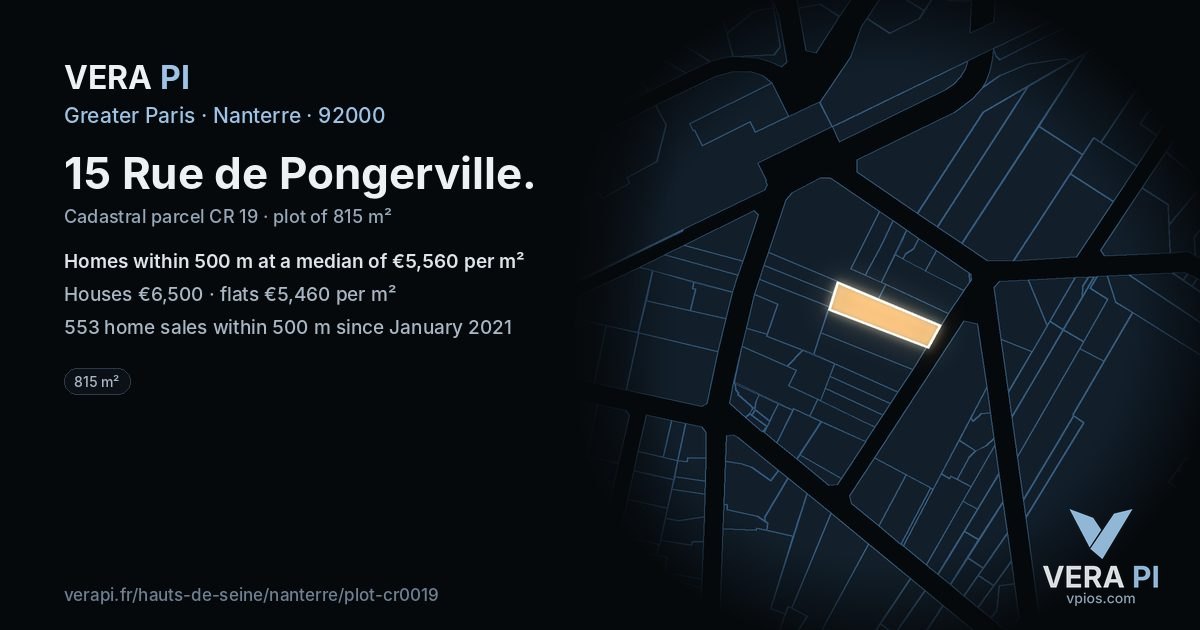 15 Rue de Pongerville, Nanterre at night – the plot lit, the parcels around coloured by the prices near them