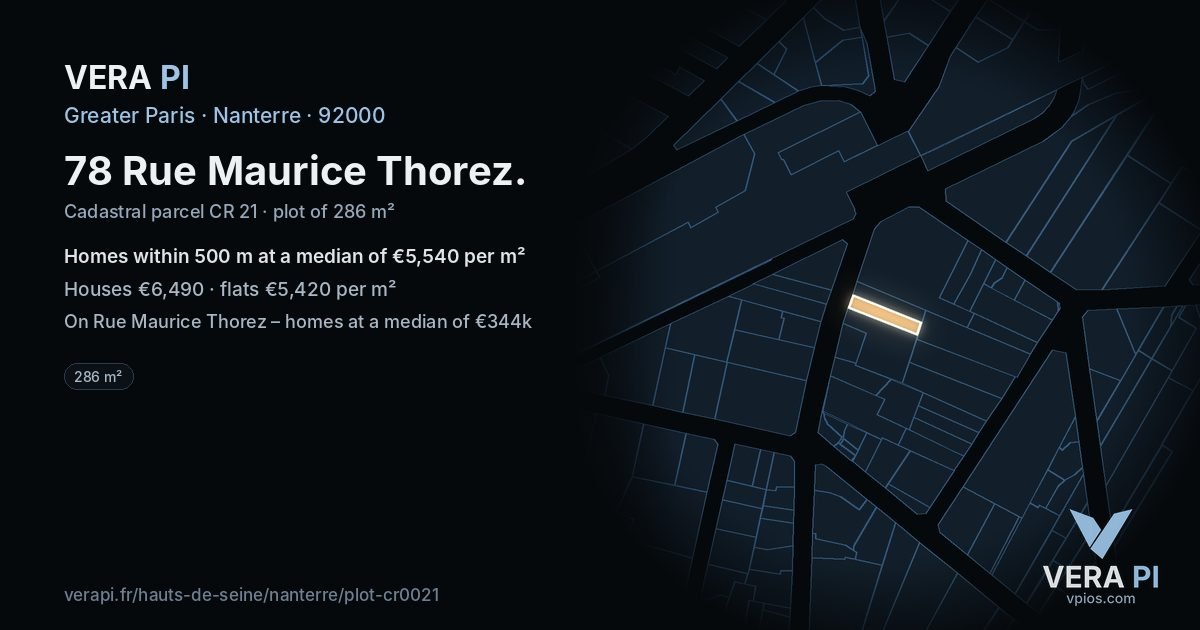 78 Rue Maurice Thorez, Nanterre at night – the plot lit, the parcels around coloured by the prices near them