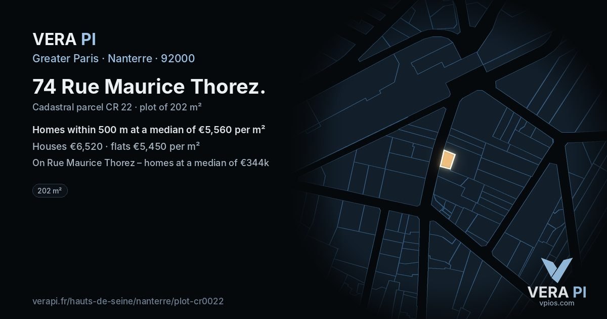 74 Rue Maurice Thorez, Nanterre at night – the plot lit, the parcels around coloured by the prices near them
