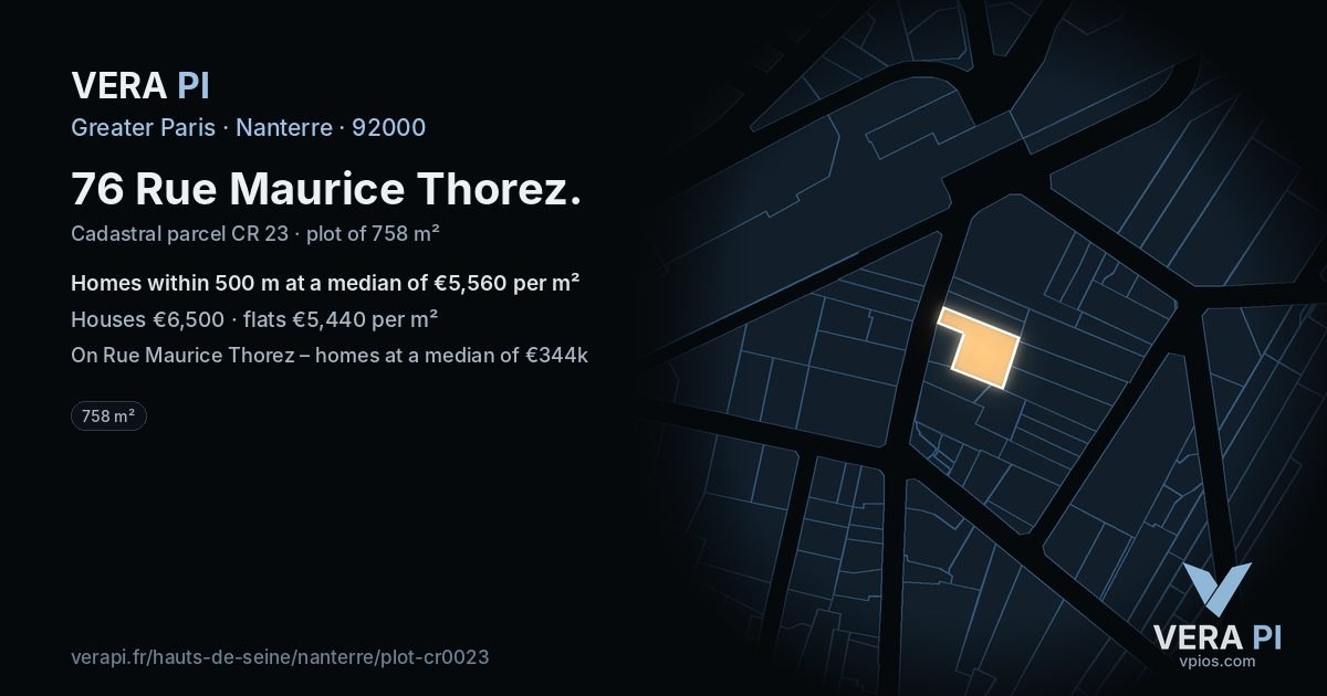 76 Rue Maurice Thorez, Nanterre at night – the plot lit, the parcels around coloured by the prices near them