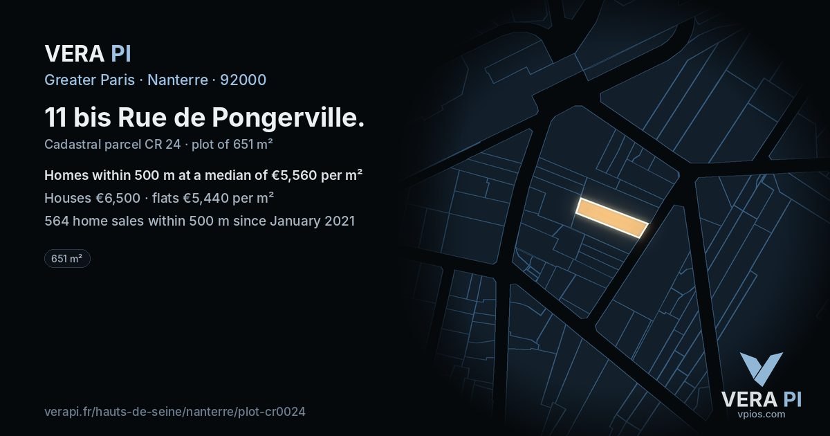 11 bis Rue de Pongerville, Nanterre at night – the plot lit, the parcels around coloured by the prices near them