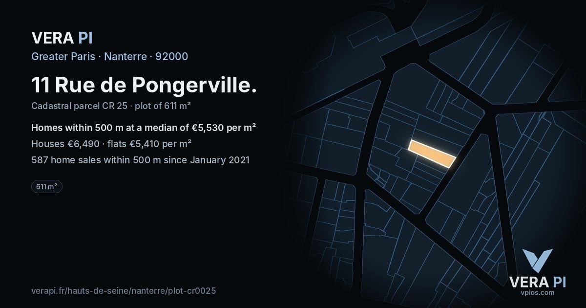 11 Rue de Pongerville, Nanterre at night – the plot lit, the parcels around coloured by the prices near them