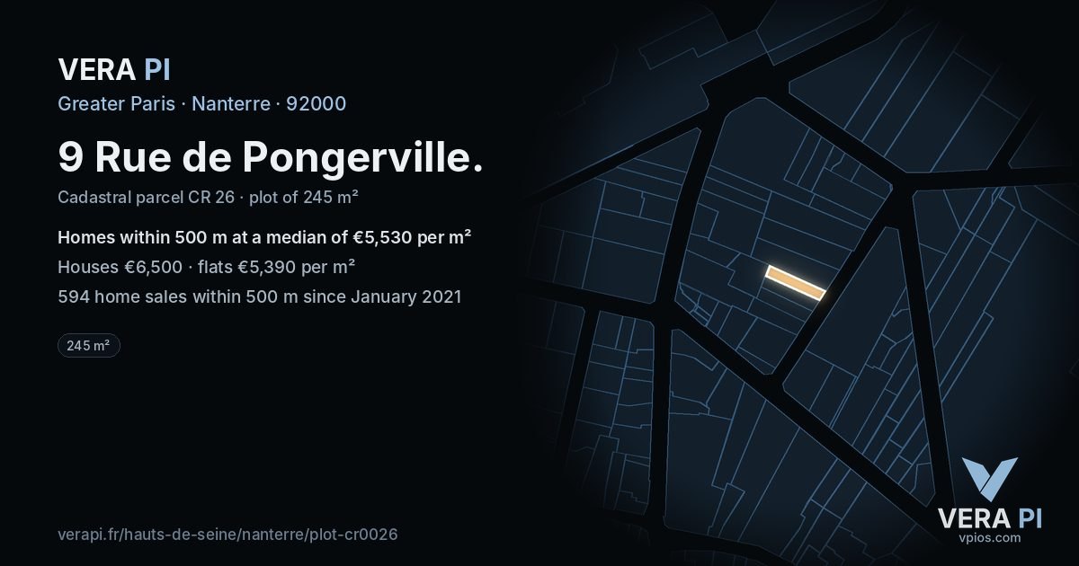 9 Rue de Pongerville, Nanterre at night – the plot lit, the parcels around coloured by the prices near them