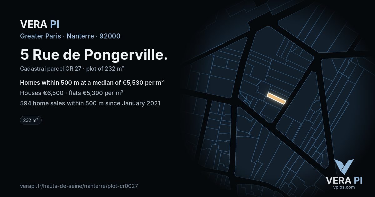 5 Rue de Pongerville, Nanterre at night – the plot lit, the parcels around coloured by the prices near them