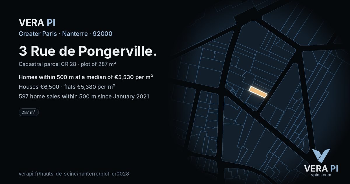 3 Rue de Pongerville, Nanterre at night – the plot lit, the parcels around coloured by the prices near them