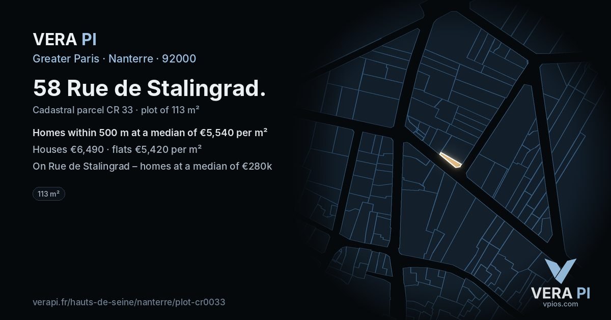 58 Rue de Stalingrad, Nanterre at night – the plot lit, the parcels around coloured by the prices near them