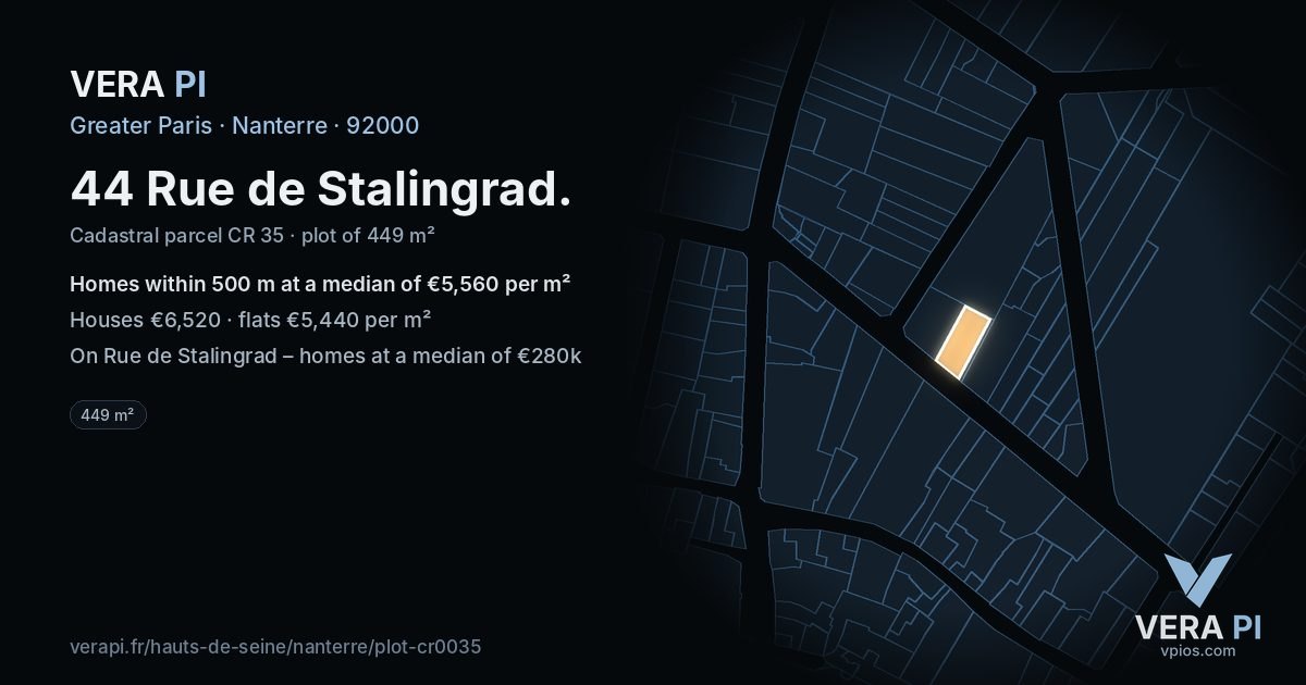 44 Rue de Stalingrad, Nanterre at night – the plot lit, the parcels around coloured by the prices near them
