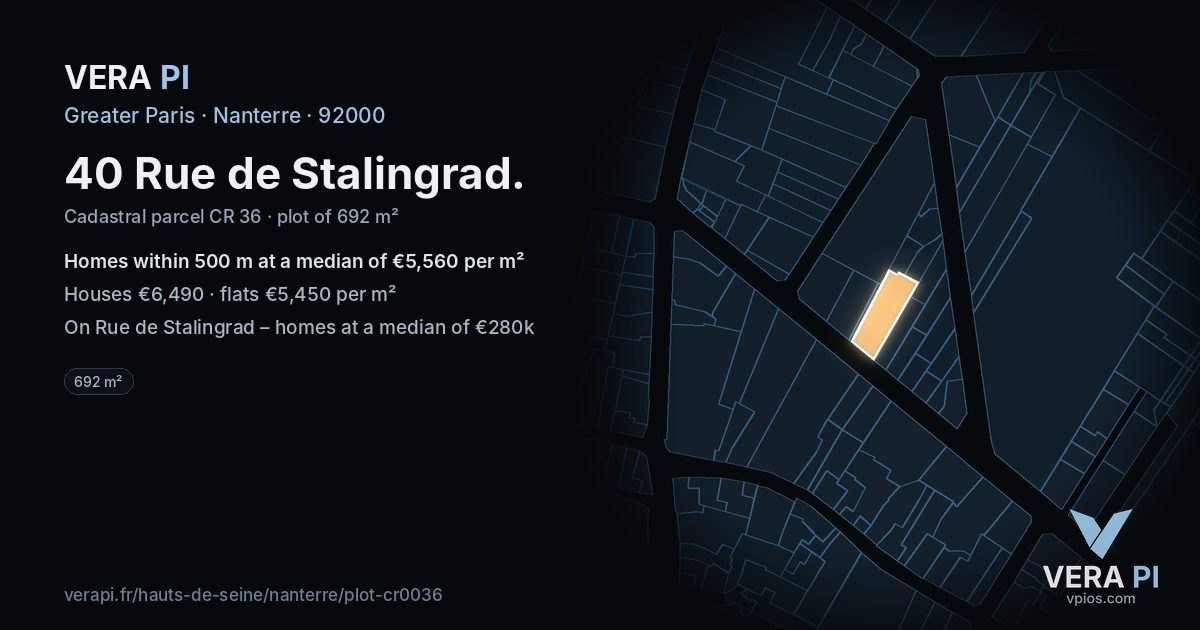 40 Rue de Stalingrad, Nanterre at night – the plot lit, the parcels around coloured by the prices near them