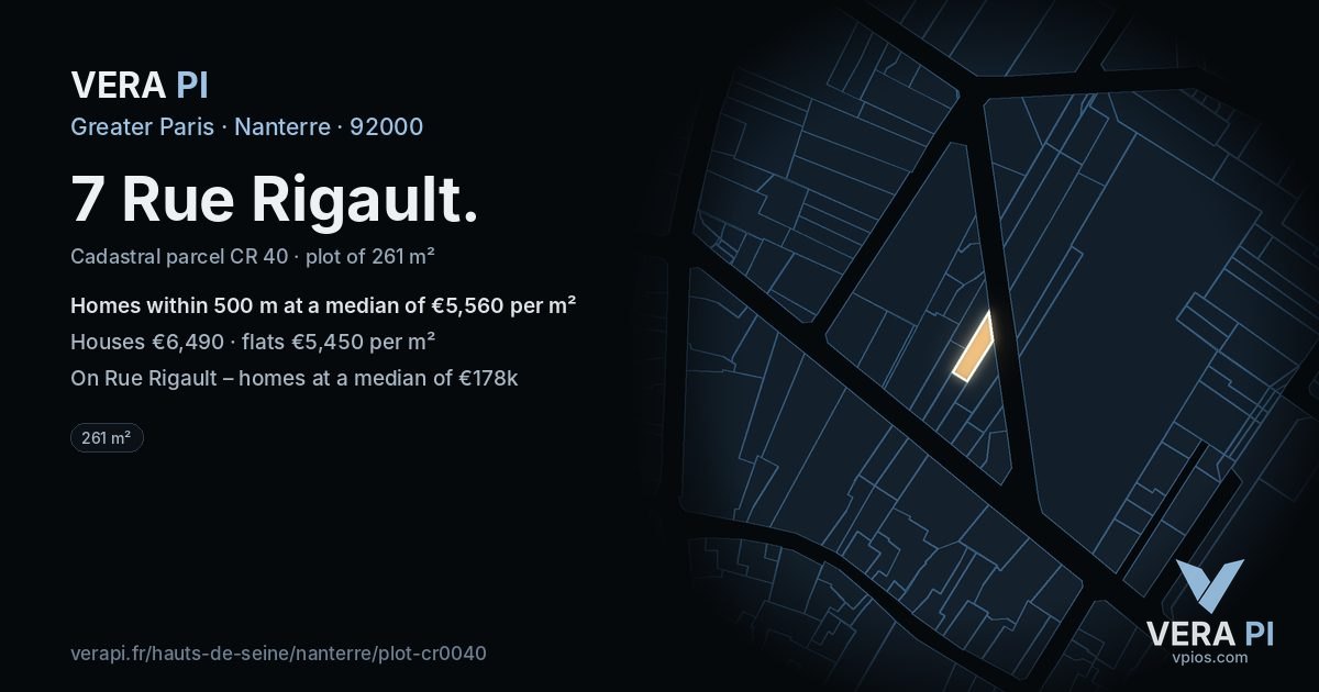7 Rue Rigault, Nanterre at night – the plot lit, the parcels around coloured by the prices near them
