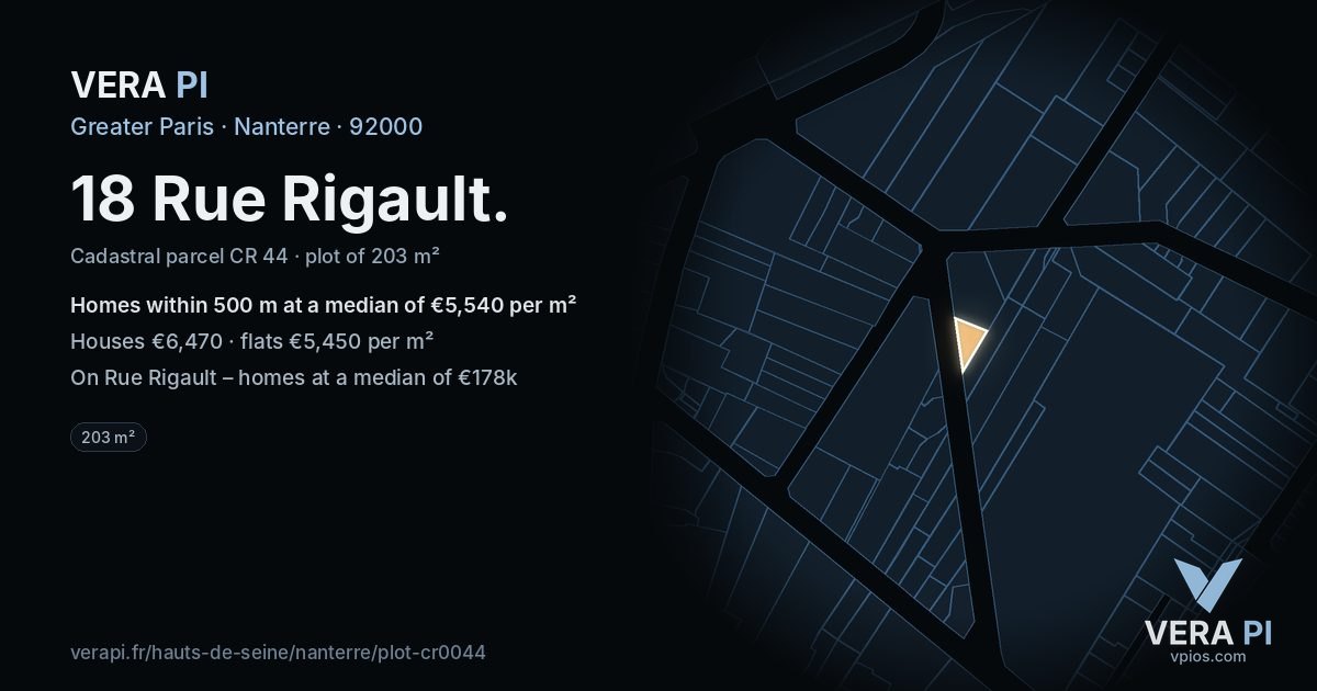18 Rue Rigault, Nanterre at night – the plot lit, the parcels around coloured by the prices near them