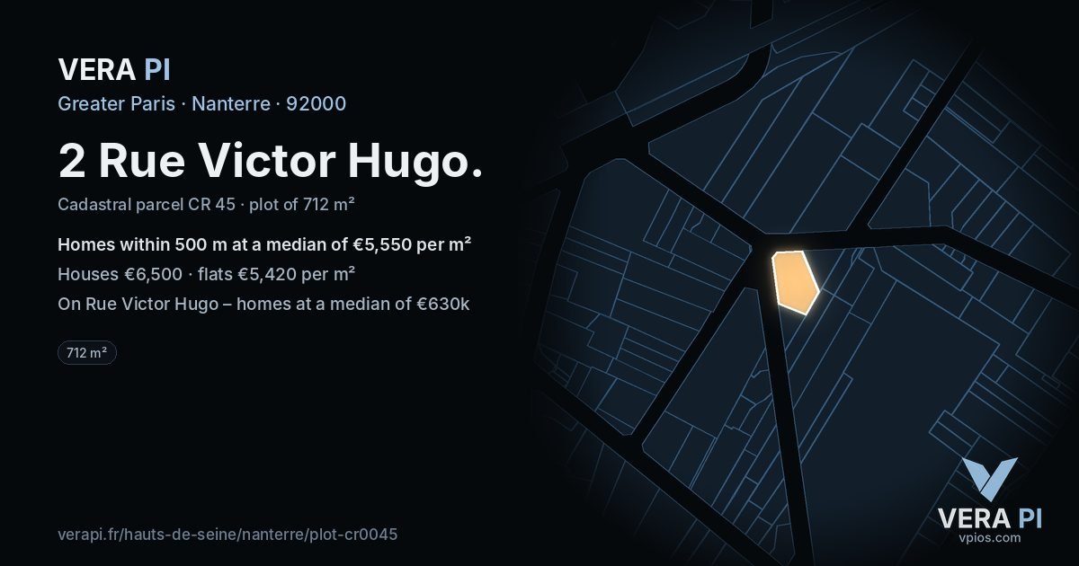 2 Rue Victor Hugo, Nanterre at night – the plot lit, the parcels around coloured by the prices near them