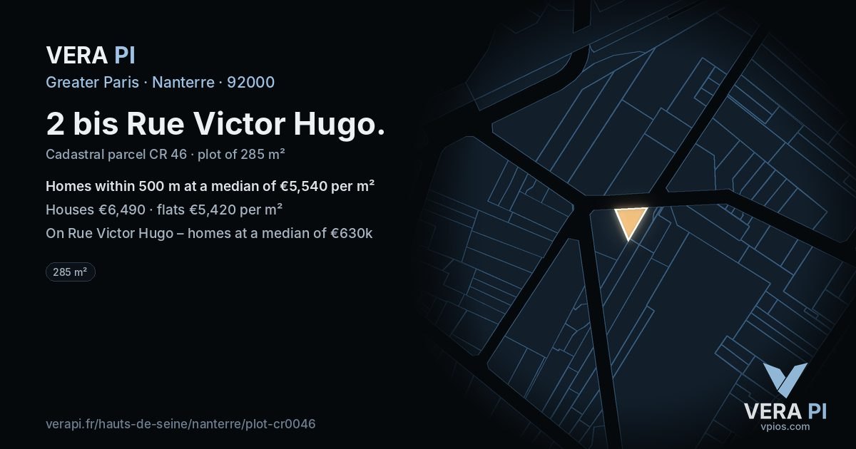 2 bis Rue Victor Hugo, Nanterre at night – the plot lit, the parcels around coloured by the prices near them