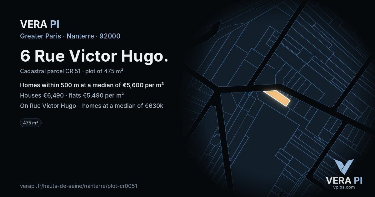 6 Rue Victor Hugo, Nanterre at night – the plot lit, the parcels around coloured by the prices near them
