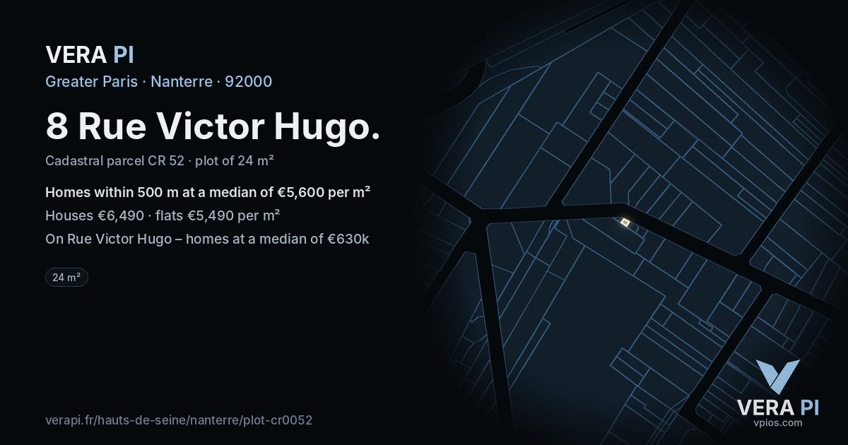 8 Rue Victor Hugo, Nanterre at night – the plot lit, the parcels around coloured by the prices near them