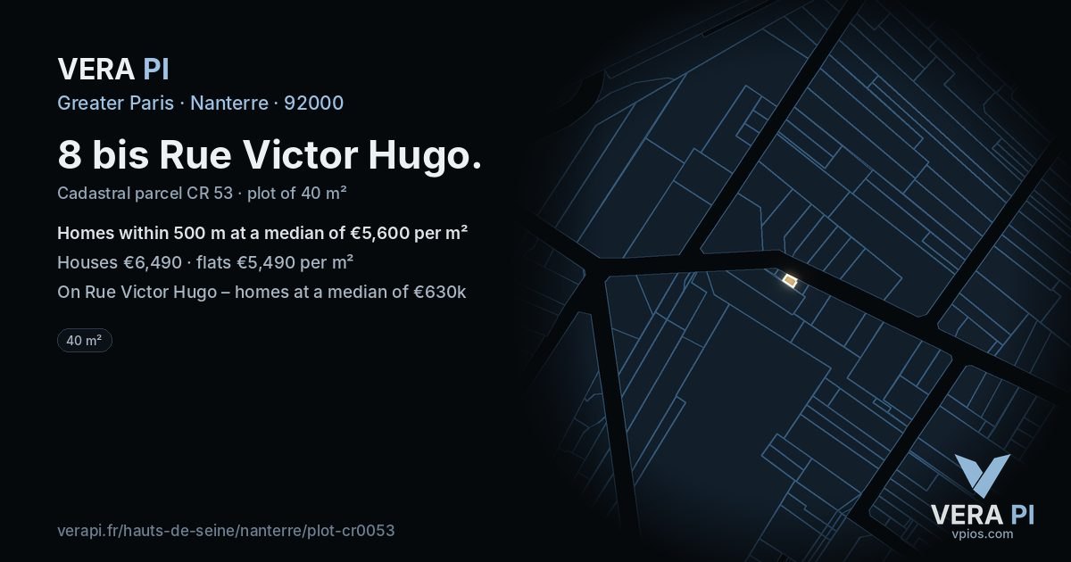8 bis Rue Victor Hugo, Nanterre at night – the plot lit, the parcels around coloured by the prices near them