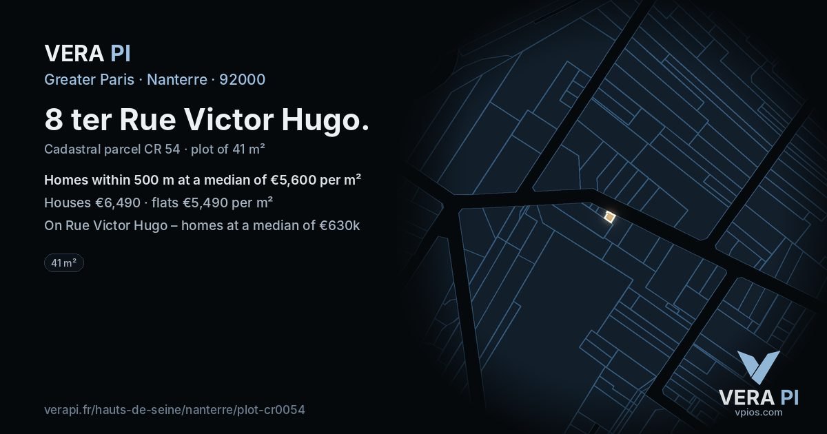 8 ter Rue Victor Hugo, Nanterre at night – the plot lit, the parcels around coloured by the prices near them