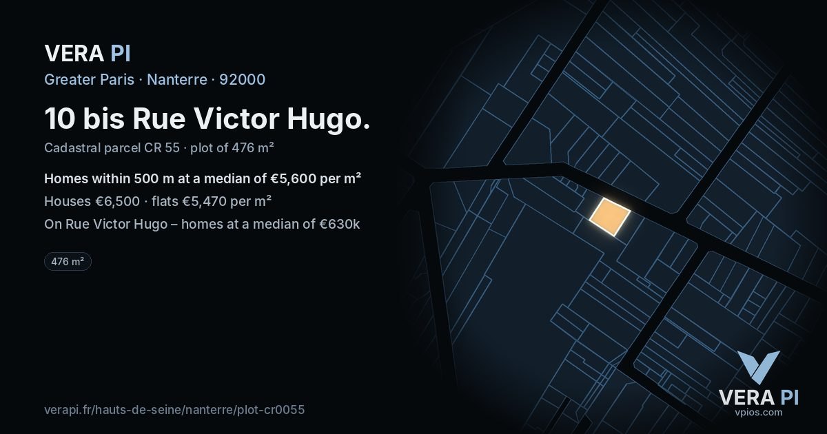 10 bis Rue Victor Hugo, Nanterre at night – the plot lit, the parcels around coloured by the prices near them