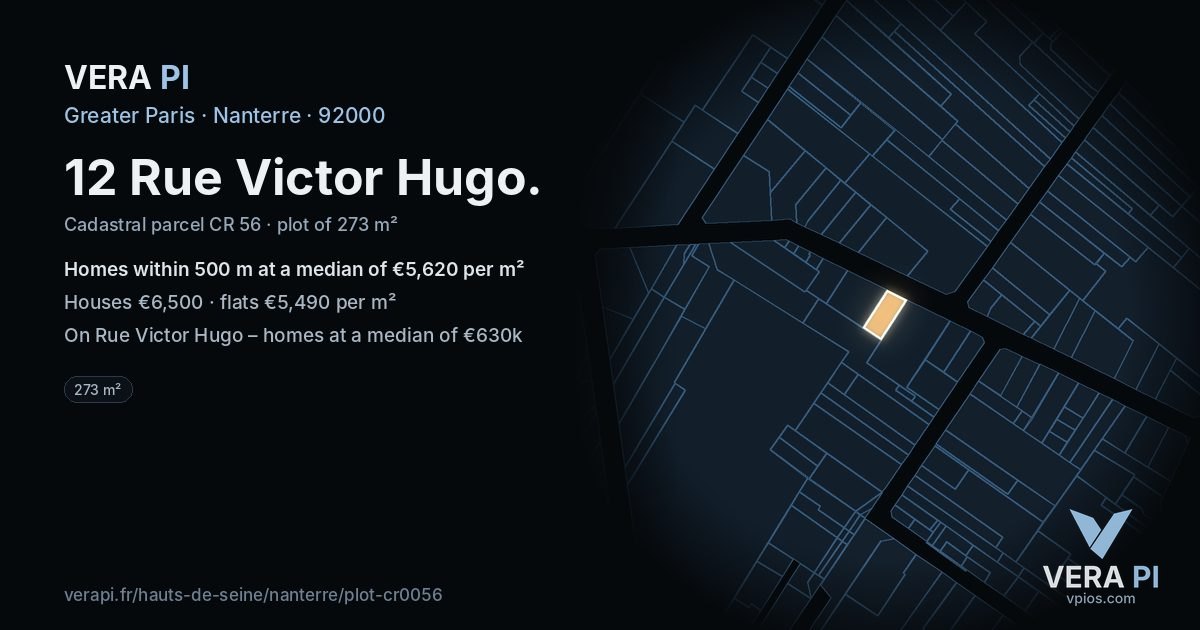 12 Rue Victor Hugo, Nanterre at night – the plot lit, the parcels around coloured by the prices near them