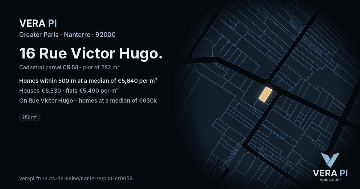 16 Rue Victor Hugo, Nanterre at night – the plot lit, the parcels around coloured by the prices near them