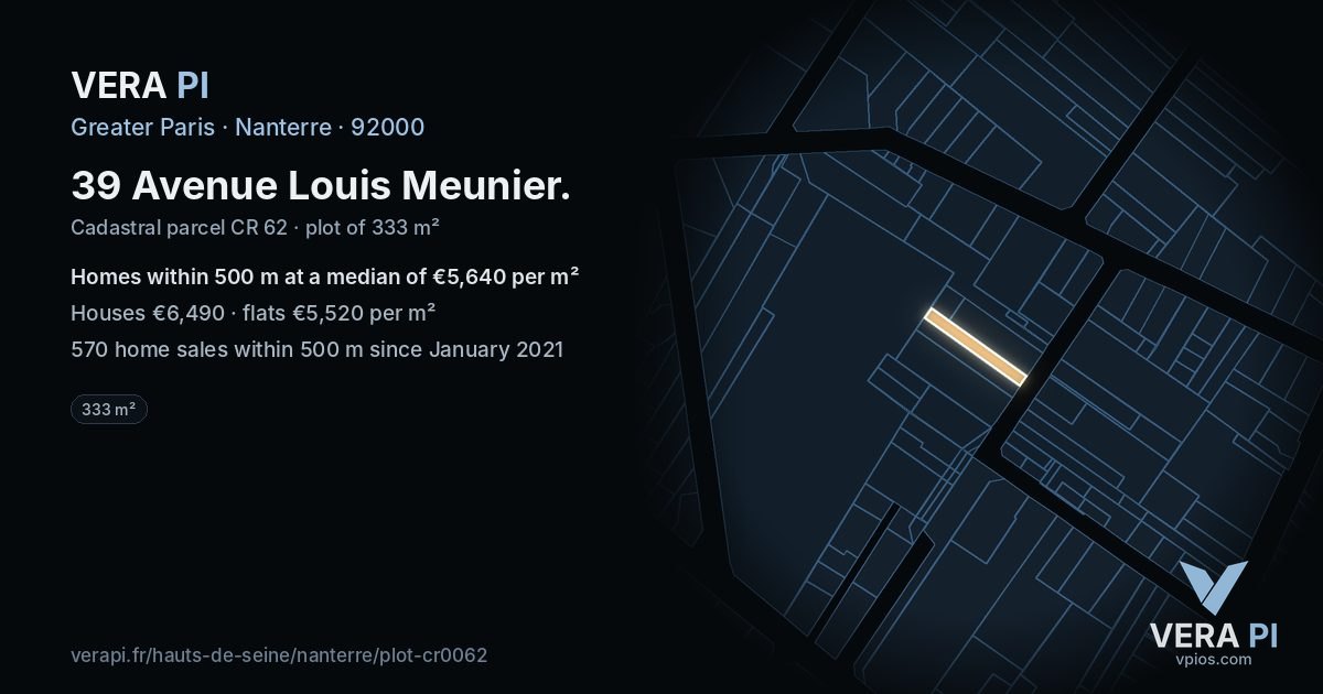 39 Avenue Louis Meunier, Nanterre at night – the plot lit, the parcels around coloured by the prices near them