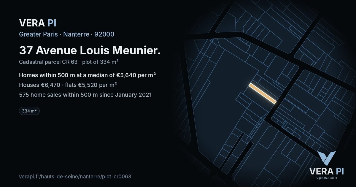 37 Avenue Louis Meunier, Nanterre at night – the plot lit, the parcels around coloured by the prices near them